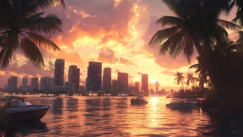 Tropical waterfront city skyline with boats at sunset time.