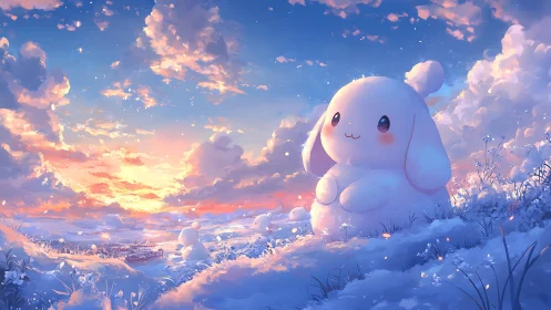 Giant snow bunny gazes over pastel winter sunset fields.