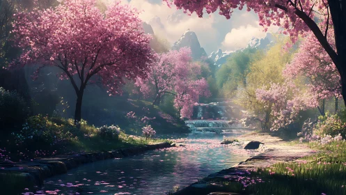 Cherry blossom river valley with waterfalls and mountains.