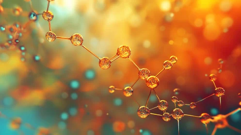 Glowing amber molecules drifting through a sunrise cosmos.