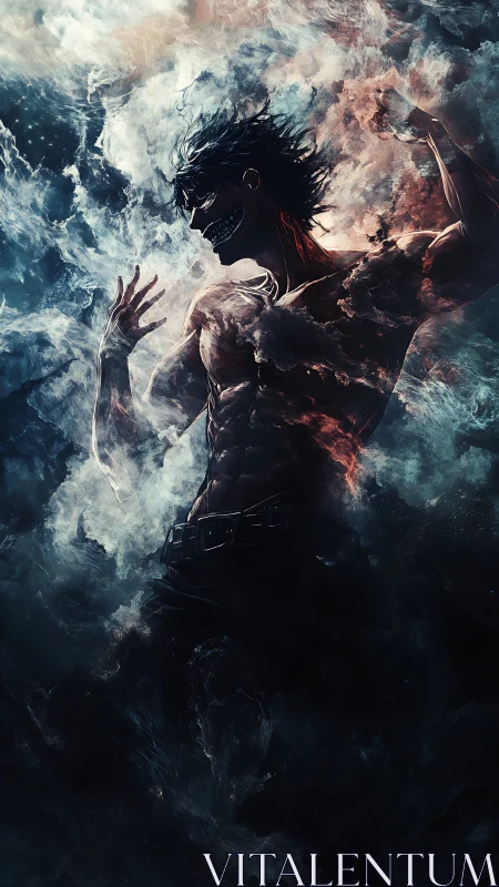 Elemental warrior emerges from swirling smoke and fire.