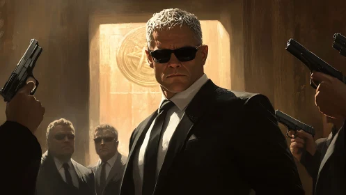 Suited security detail surrounded by drawn handguns in courtyard.