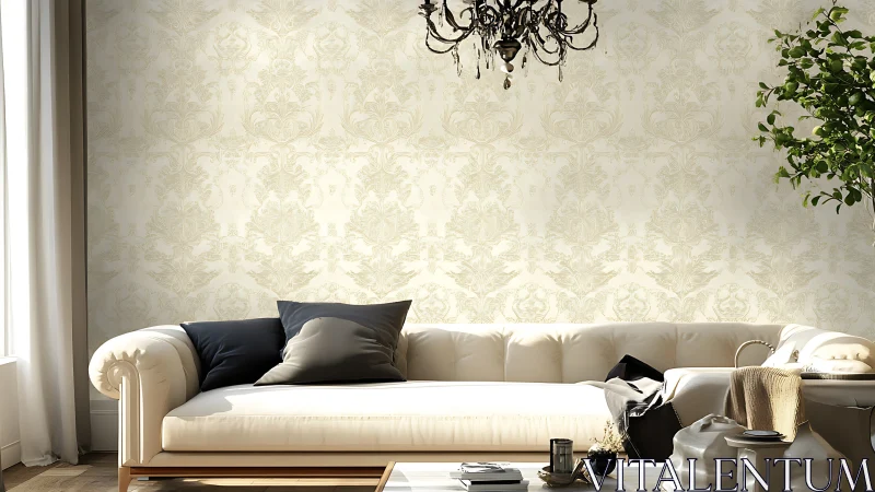 Neoclassical lounge with damask wall and tufted leather sofa.