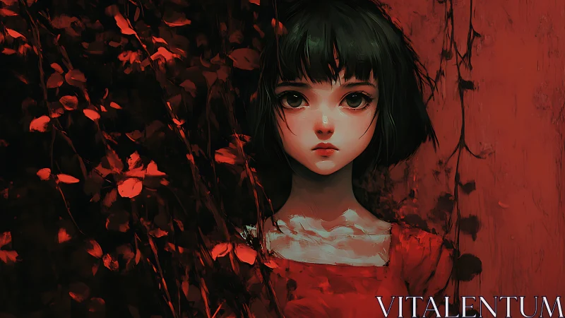 Solitary girl emerges from scarlet foliage in painterly chiaroscuro