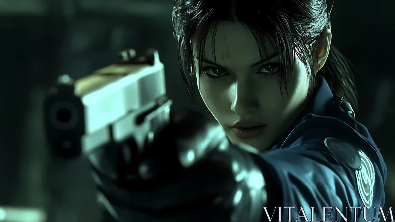 Armed female officer aiming handgun in dark tension scene.