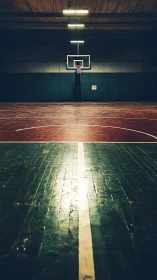 Cinematic low-angle view of empty indoor basketball court floor.