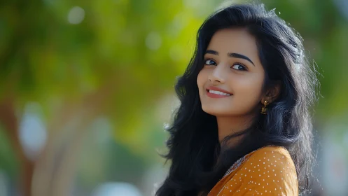 Young woman smiling outdoors in natural light, vibrant portrait style.