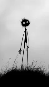 Stick figure silhouette stands over grassy hill in foggy light