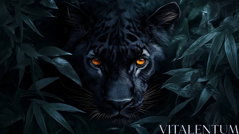 Black Panther Portrait with Amber Eyes in Nocturnal Vegetation.