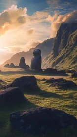 Stone guardian at dawn among mossy mountain shadows.