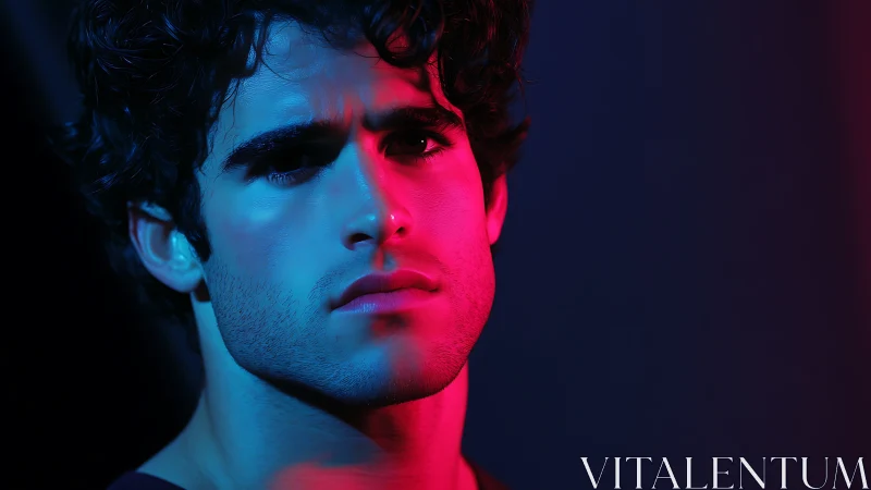 Neon-shadowed portrait cuts a brooding face through twilight glow.