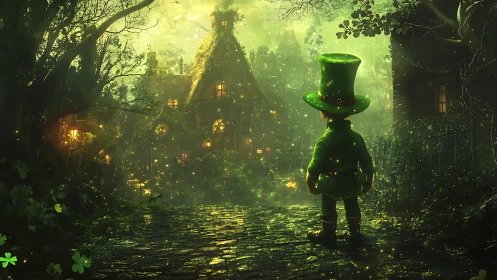 Leprechaun overlooks glowing cottage on misty forest path.