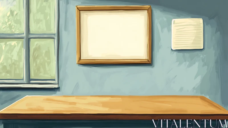 Minimalist desk, window, and blank framed wall art scene.