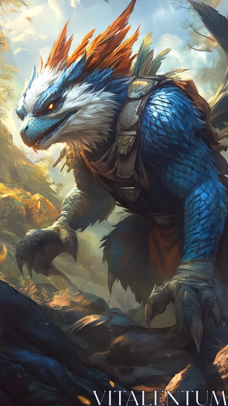 Armored dragon beast stalks a misty enchanted forest path