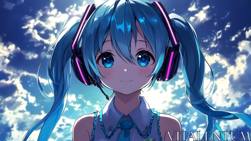 Blue haired anime girl with headphones under bright sky.