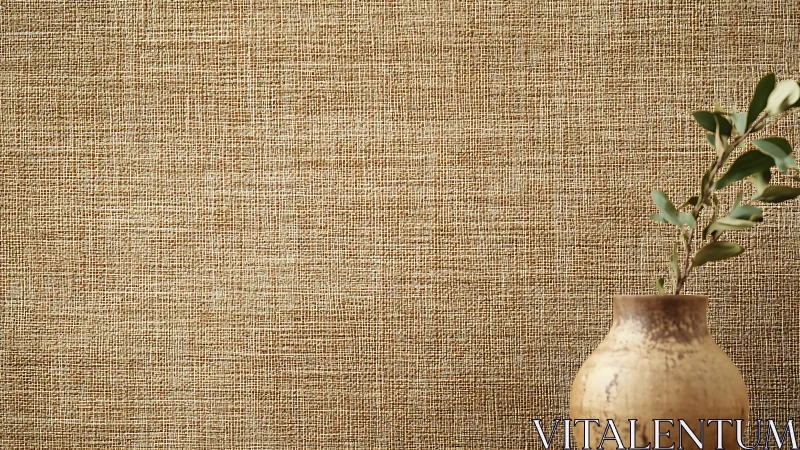 Textured fabric wall with ceramic vase and green foliage.
