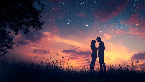 Two Hearts Silhouetted Against Twilight's Celestial Canvas.