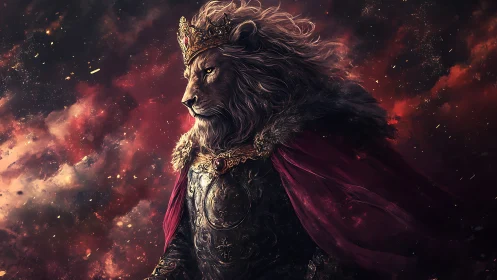 Majestic lion king in armor beneath stormlit skies.