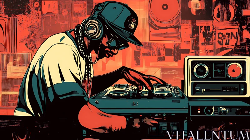 DJ operates dual turntables and mixer in stylized studio scene