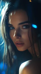 Neon-kissed gaze in cinematic midnight shimmer portrait.