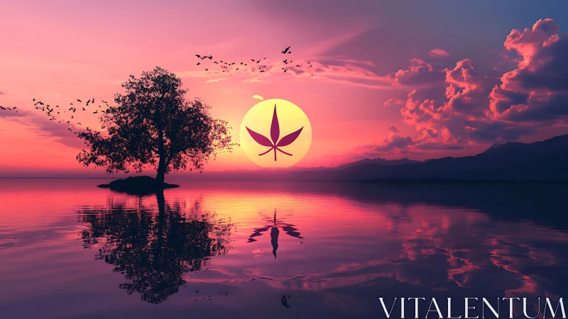 Surreal sunset lake scene merges nature with cannabis symbolism