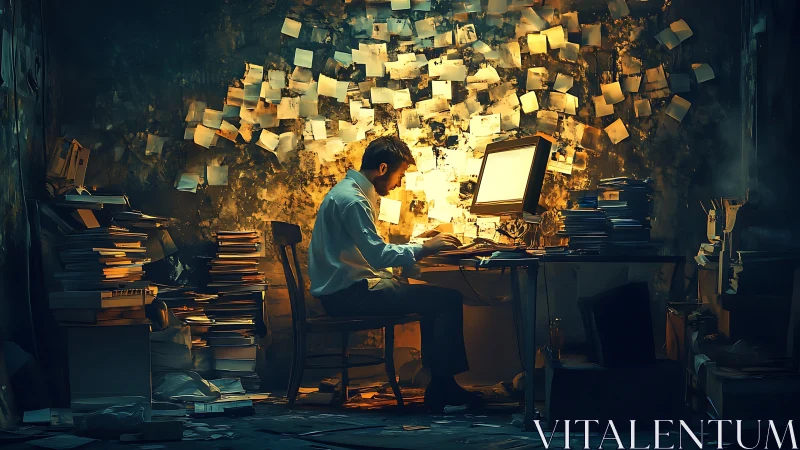 Man works at cluttered desk in dim office with wall notes