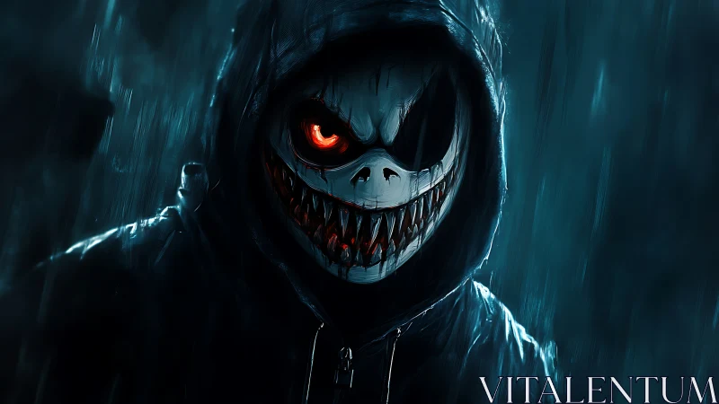Hooded demon grin under rain with glowing infernal eye.