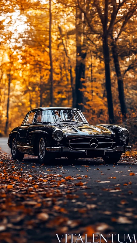 Classic black Mercedes 300SL parked on forest road in autumn