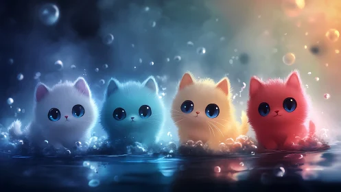 Four Fluffy Anthropomorphic Cats in Glowing Ethereal Environment