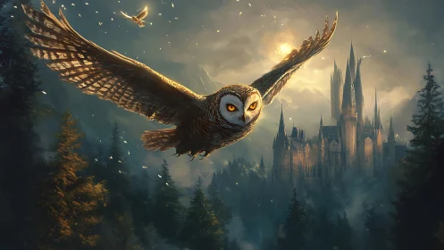Large owl flies over conifer forest toward distant castle