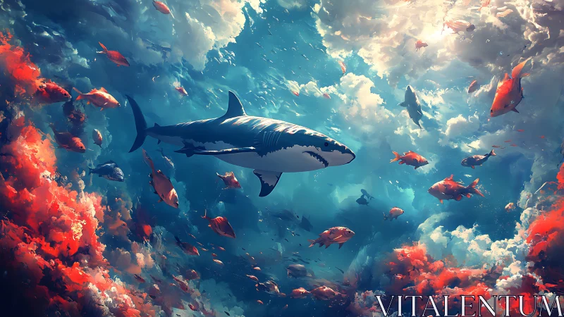 Majestic shark glides through luminous coral cloudscape seascape.