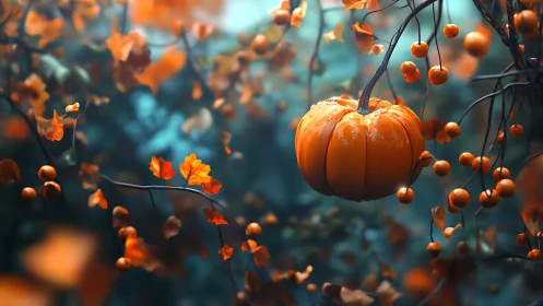Glowing orange pumpkin suspended in dreamy autumn foliage.