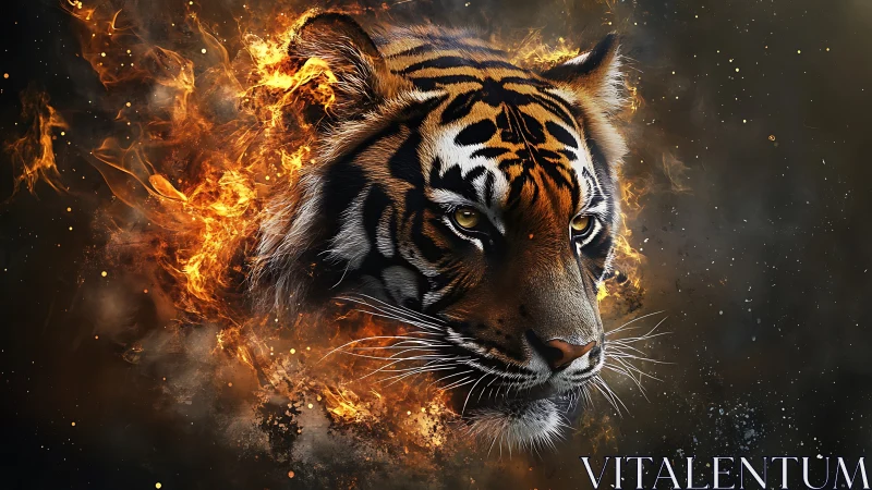 Tiger portrait emerges through dynamic fire and particulate haze
