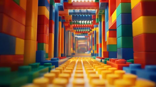 Playful hallway of colorful toy bricks in bright focus.