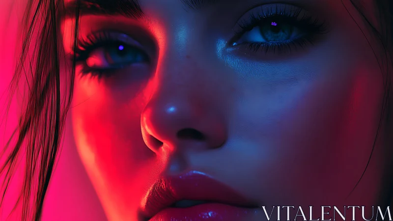 Close digital portrait in neon red and blue light.