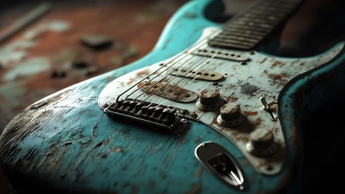 Worn turquoise electric guitar body displays corroded hardware