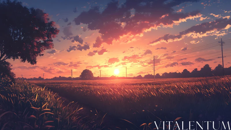 Sunset over rural field with power lines and distant trees.