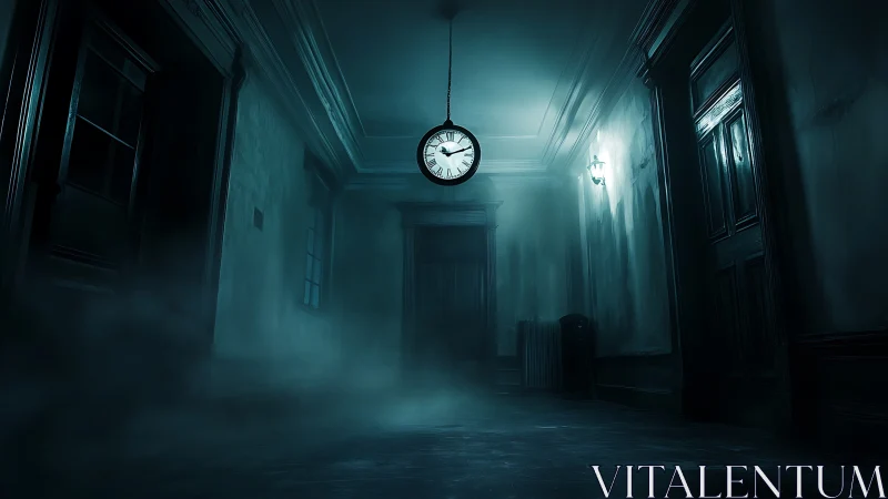 Dim corridor interior with suspended clock and low mist.