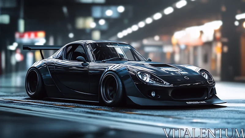 Midnight black widebody race coupe in cinematic city light.