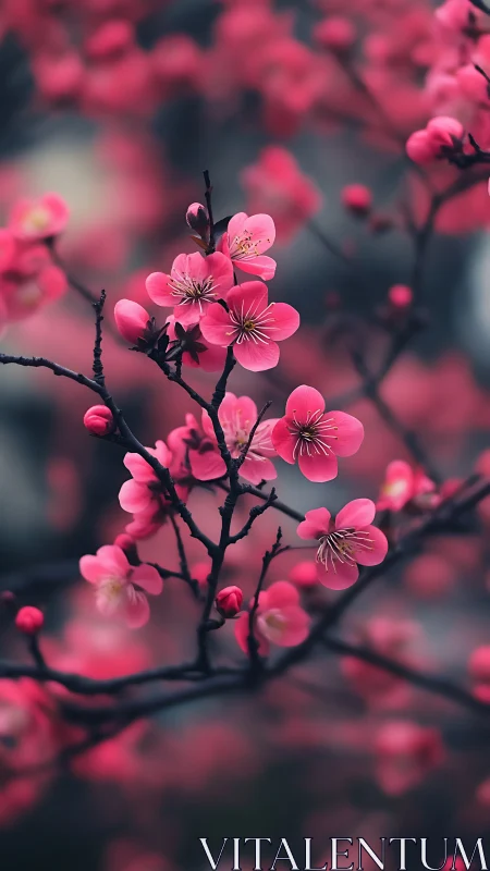 Pink Cherry Blossoms on Dark Branch.