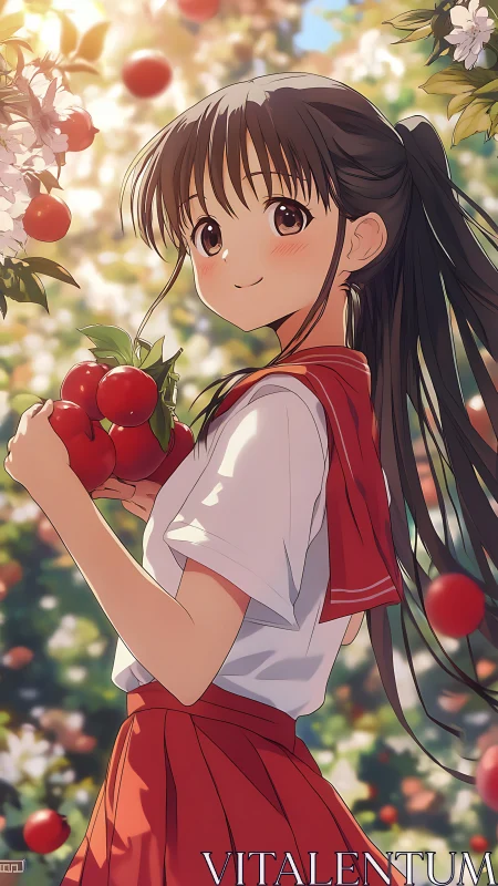 Anime schoolgirl collecting red apples in sunlit orchard.