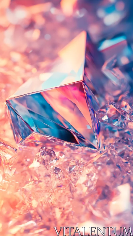 Prismatic crystal pyramid refracts neon gradients in shallow focus