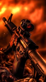 Tactical assault rifle rendered against blazing warfield backdrop.