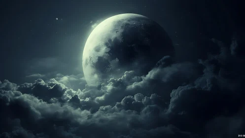 Moonlit colossus rising through storm-thick cosmic clouds.