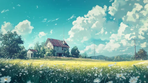 Country farmhouse under vast summer sky in bloom.