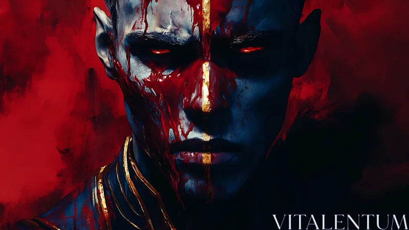 Symmetrical red-marked face in dark abstract background.