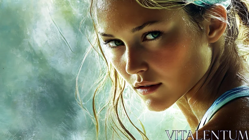 Intense green-eyed woman stares through misty light background.