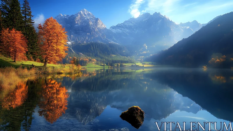 High-dynamic autumn alpine lake with mirror-symmetry reflections