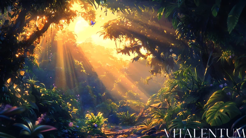 Sunlight passes through dense tropical forest canopy