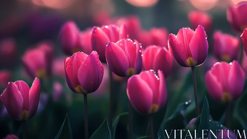 Magenta Tulips Adorned With Morning Dewdrops Glow